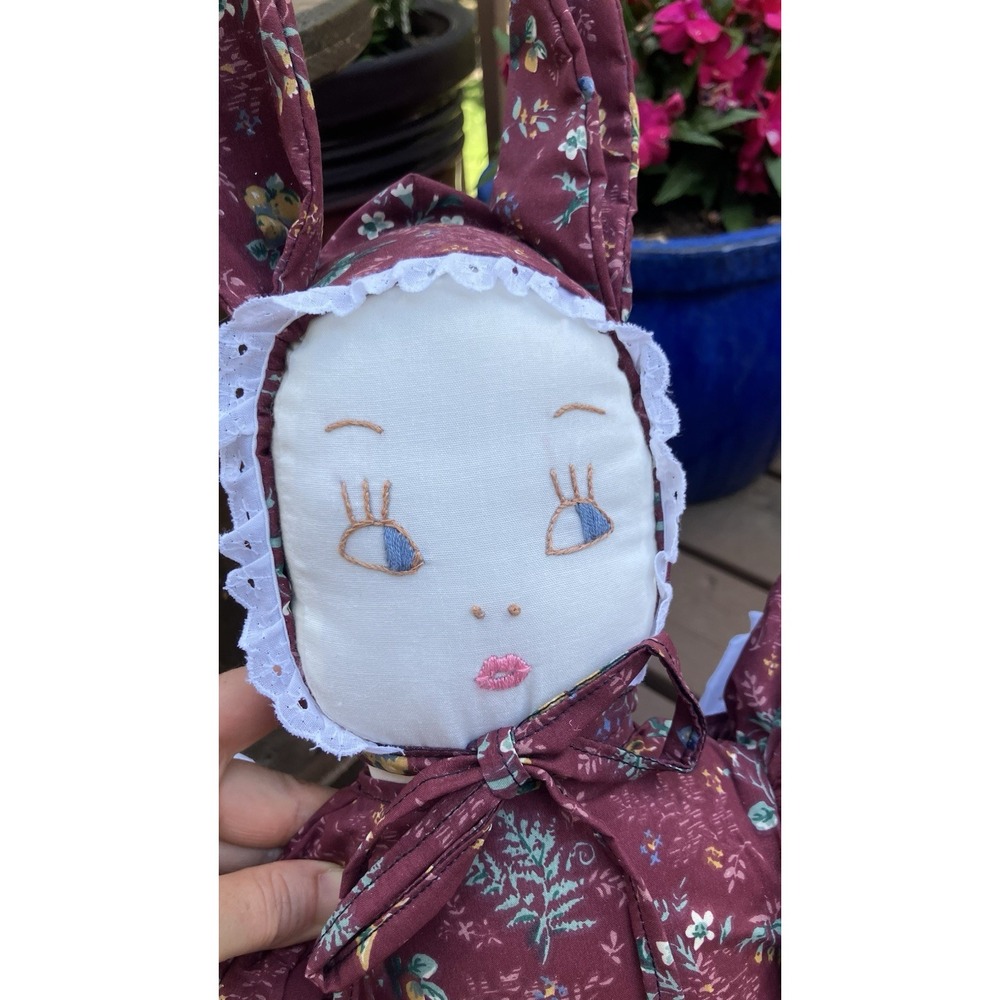 Set of 2 Handmade Cloth Rag Dolls Primitive Bunny Bonnet Shelf Sitters 26" - Picture 7 of 13